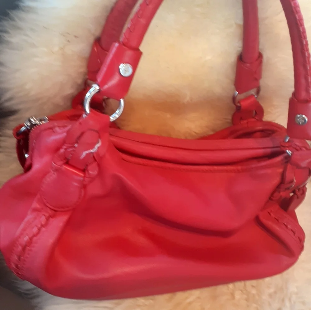 Cole Haan Hobo Apple red Leather purse satchel Tassel Braid trim
